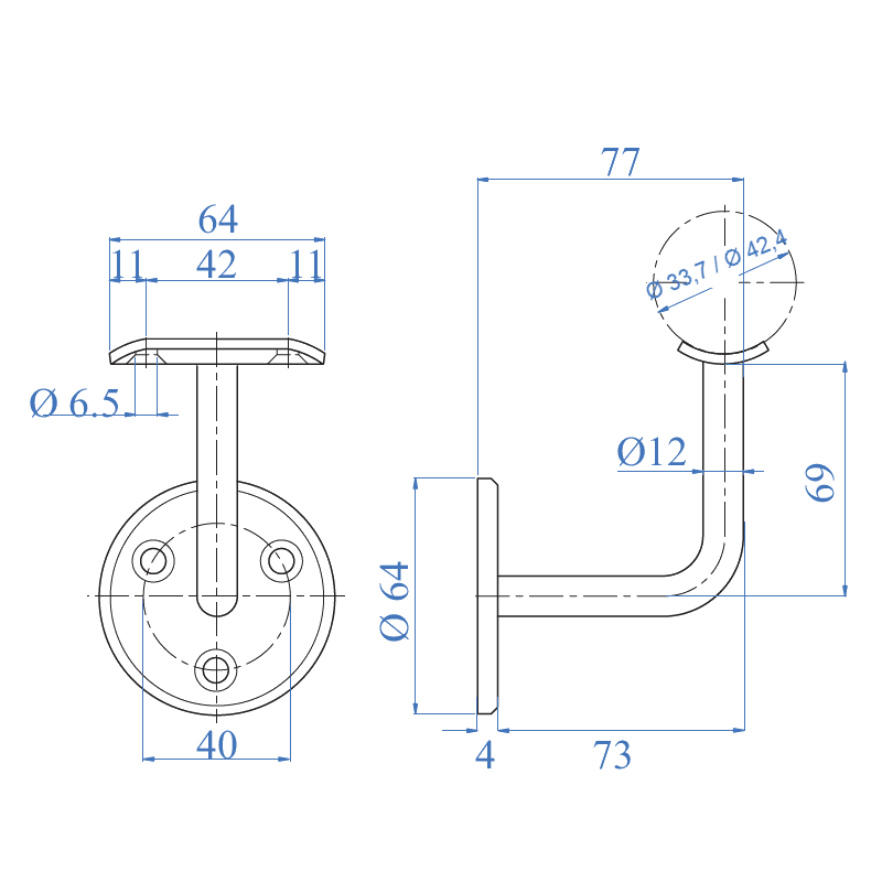 Black Round Handrail Support wall Mounted - Steel and Pipes Inc.