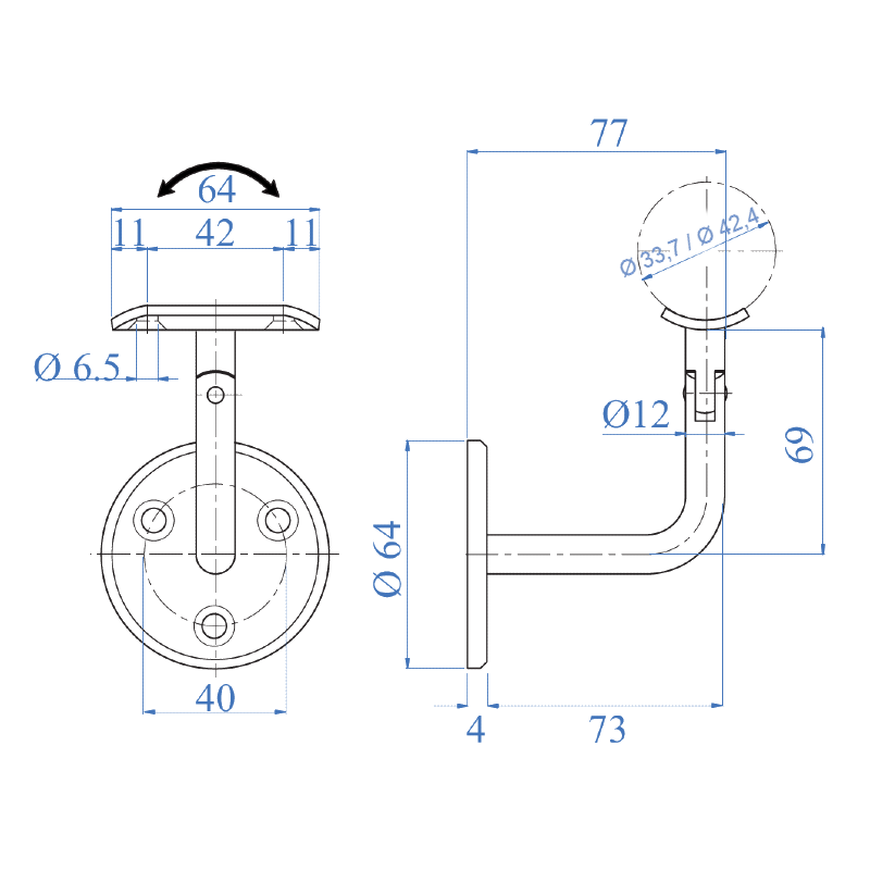Inox® Ajustable Wall Handrail Support - Steel and Pipes Inc.